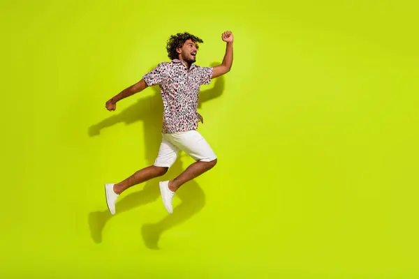 Full Length Photo Nice Young Male Jump Running Fast Wear — Stock Photo, Image