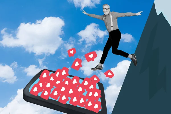 Creative Illustration Picture Banner Poster Elderly Retro Man Falling Rock — Stock Photo, Image