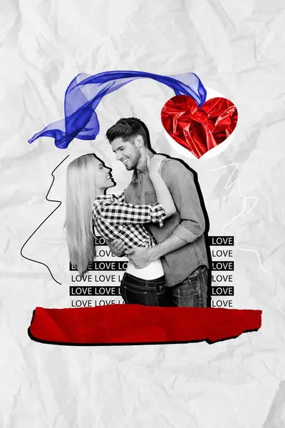 Collage Artwork Κάθετη Αφίσα Χαρούμενος Νέοι Εραστές Σύντροφοι Έτοιμοι Φιληθούν — Φωτογραφία Αρχείου