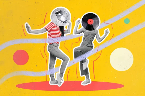 Composite illustration picture poster two dancing girls friends have fun headless discoball vinyl record face clubbing celebrate yellow background.