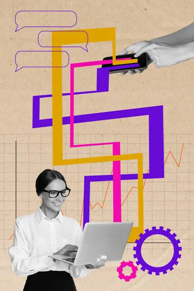 Modern Teknolojiyi Projelerini Tartışmak Için Kullanan Kadınlarının Yaratıcı Poster Afişi — Stok fotoğraf