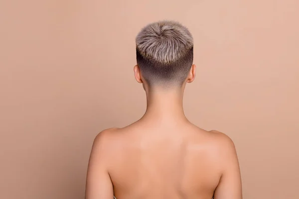 应用洗发水分离后的彩色背景后 女士后脊椎照片享受头发水合柔软清新 — 图库照片