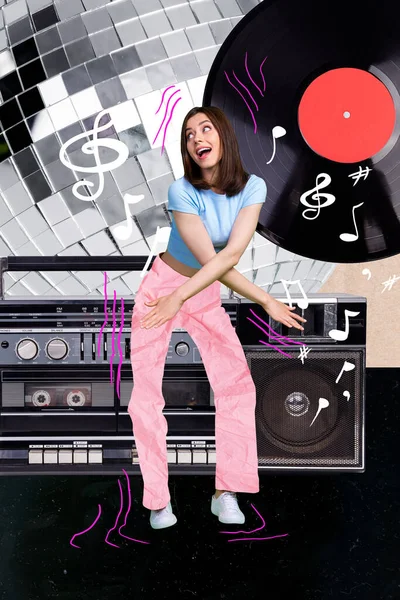 Vertical Creative Collage Picture Funny Cheerful Girl Dance Rhythm Retro — Stock Photo, Image
