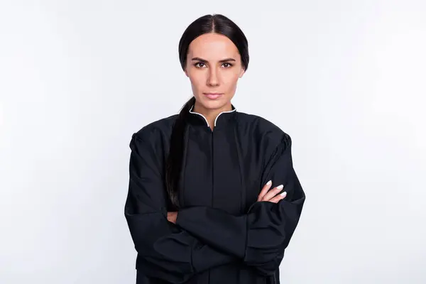 Photo Serious Cool Confident Woman Judge Folded Hands Wear Black — Stock Photo, Image