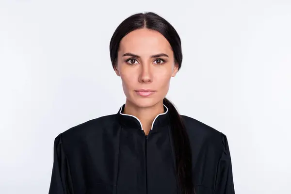Portrait Young Beautiful Calm Peaceful Serious Woman Judge Black Robe — Stock Photo, Image