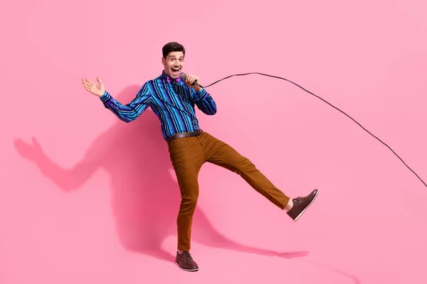 Full Length Photo Funky Young Funny Classy Man Hold Microphone — Stock Photo, Image