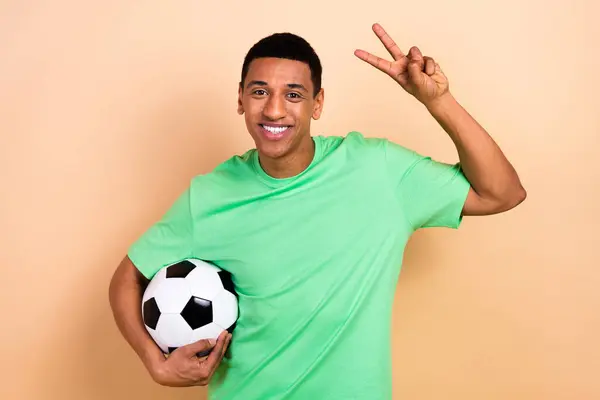 Photo Portrait Attractive Young Man Show Sign Football Play Dessert — Stock Photo, Image