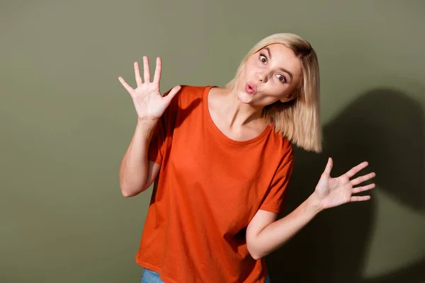 Photo Portrait Lovely Young Lady Shocked Funky Face Rise Palms — Stock Photo, Image