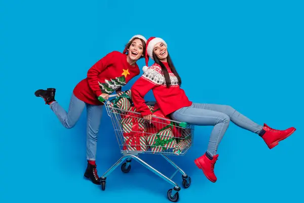 Full Length Photo Sweet Excited Ladies Santa Helpers Dressed Print — Stock Photo, Image