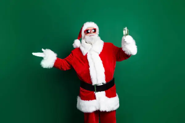 Photo Positive Funky Claus Wear Red Costume Telling Christmas Wishes — Stock Photo, Image