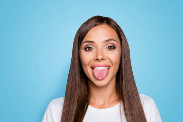 Close Portrait Funny Young Woman Showing Tongue Looking Camera Isolated — Stock Photo, Image