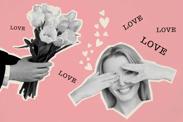 Artwork collage image of black white effect arms hold flowers cheerful girl cover eyes peeking love heart symbols isolated on pink background.