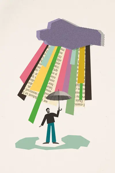 Magasin Collage Bild Imponerad Kille Promenader Bokstäver Regn Isolerad Beige — Stockfoto