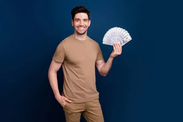 Photo Successful Nice Man Showing Banknotes Casino Lottery Jackpot Isolated — Stock Photo, Image
