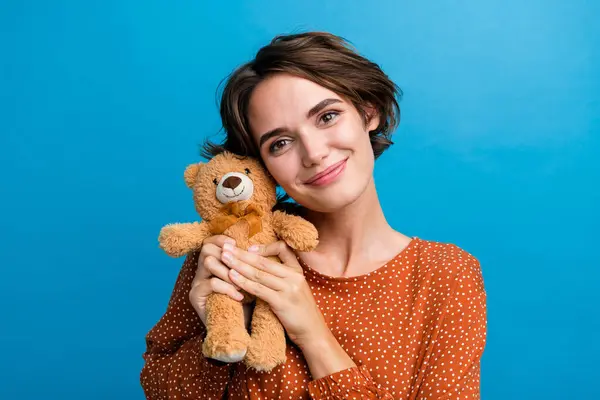 Photo Portrait Lovely Young Lady Hold Fluffy Teddy Bear Dressed — Stock Photo, Image