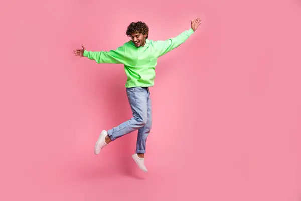 Full Length Photo Student Indian Man Curly Hair Model Jumping — Stock Photo, Image