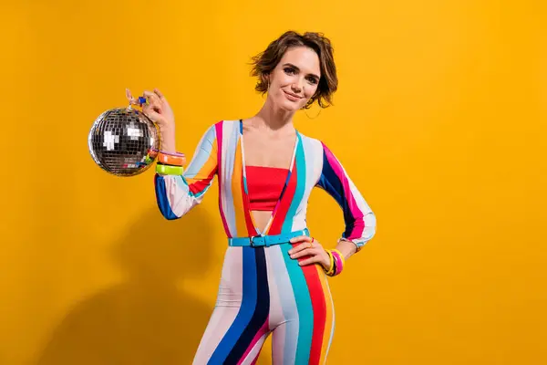 Photo Female Model Young Lady Holding Glitter Disco Ball Stylish — Stock Photo, Image