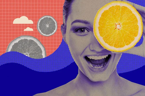 Creative abstract template collage of positive young female model hold orange slice healthy nutrition beauty comics zine minimal concept.