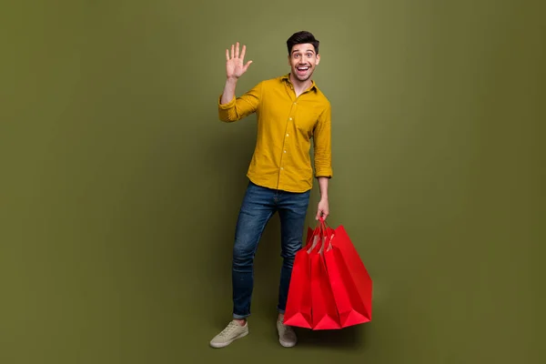 Full Length Photo Positive Cheerful Man Buy Trendy Boutique Collection — Stock Photo, Image