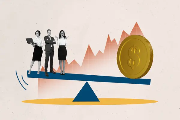 Horizontal photo collage of three young successful finance workers stand on scale with giant golden coin chart statistics on beige background.
