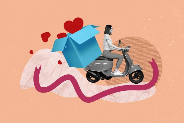 Collage Tendencia Creativa Hembra Divertida Entrega Caja Cartón Scooter Amor — Foto de Stock