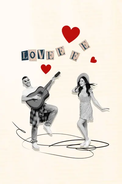 Creative Magazine Collage Excited Lady Listening Boyfriend Singing Serenade Isolated — Stock Photo, Image