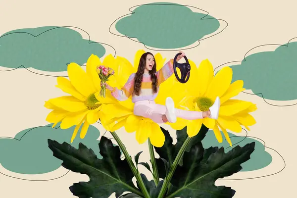 Collage Foto Van Funky Zorgeloze Mini Dame Zitten Bloemen Met — Stockfoto
