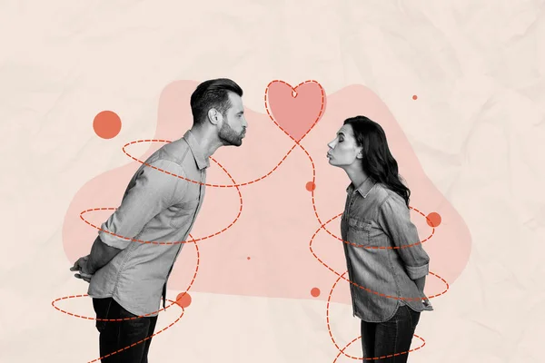 キスする魅力的な甘いカップルの恋人の横の写真は 一緒にパステル図面の背景を祝う14 2月を祝います — ストック写真