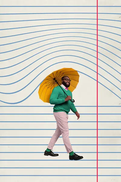 Yaratıcı Poster Kolajı Komik Erkek Yürüyüş Şemsiyesi Yağmurlu Kağıt Çizgiler — Stok fotoğraf