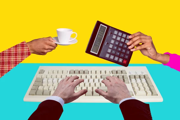 Collage Imagine Pinup Pop Retro Schiță Șefului Mâinilor Tastând Tastatura — Fotografie, imagine de stoc