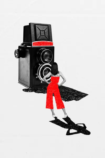 抽象的な創造的なアートワークテンプレート 面白い小さな女性のコラージュ モデルヴィンテージレトロカメラ珍しいファンタジーの掲示板漫画Zine — ストック写真