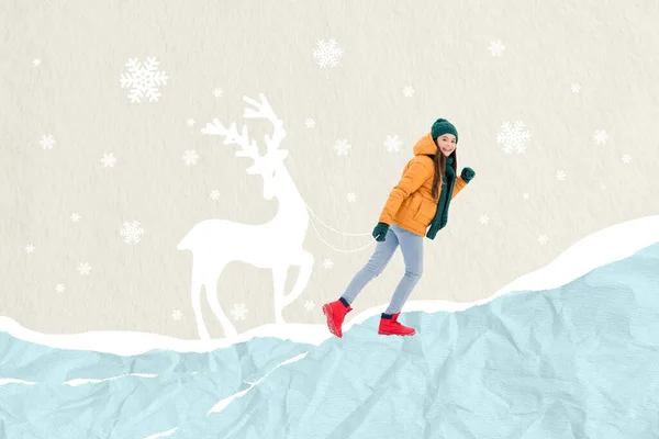 Photo Artwork Collage Painting Smiling Cute Girl Walking Christmas Deer — Stock Photo, Image
