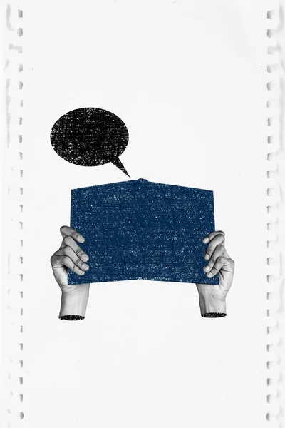 Colagem Imagem Abstrata Vertical Mãos Humanas Mantenha Livro Azul Lido — Fotografia de Stock