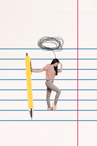 Kreative Plakatcollage Eines Mädchens Das Mit Stift Über Einer Buchseite — Stockfoto