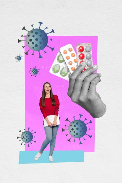Creative Drawing Collage Picture Young Female Look Hand Hold Medicine — Stock Photo, Image