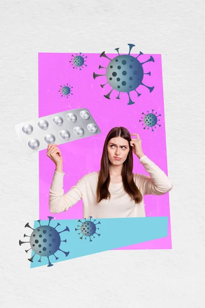 Placard Advertisement Collage New Pharmacology Brand Girl Choosing Pills Holding — Stock Photo, Image