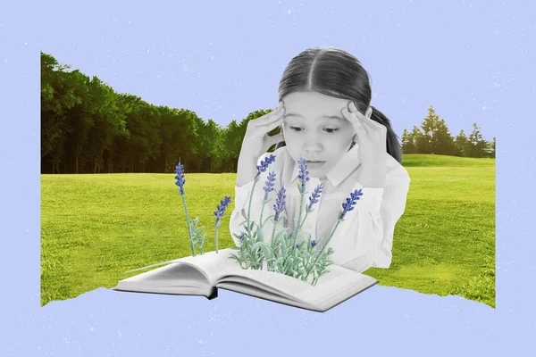 Creative drawing collage of shocked little girl read book biology botany learn lesson plant bizarre unusual fantasy billboard comics.