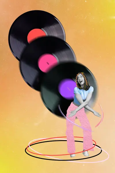Poster collage of positive crazy cheerful girl dancing listening music 80s slow motion blur effect isolated on colorful drawing background.