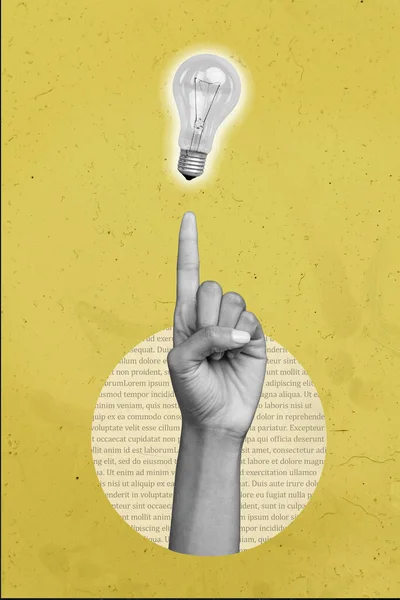 Креативный Вертикальный Коллаж Плакат Изображение Ретро Рука Указывающая Ламп Символ — стоковое фото