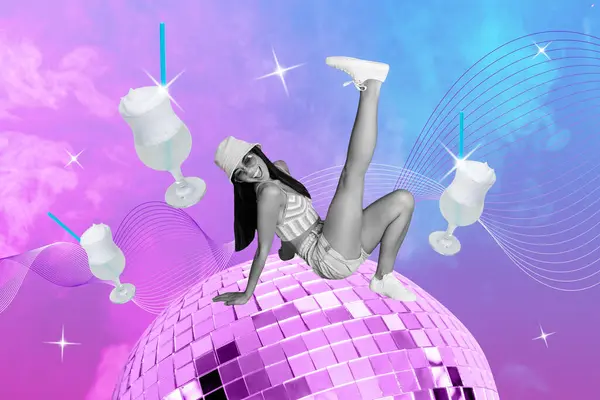 面白い若い女性ダンスヒップホップディスボールヴィンテージパーティーカクテル奇妙な珍しいファンタジービルボードのクリエイティブポスターコラージュ — ストック写真