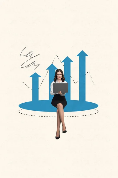 Vertikale Kreative Collage Junge Attraktive Geschäftsfrau Sitzt Halten Laptop Browsing — Stockfoto