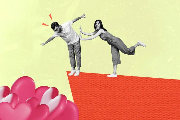 Collage Cartel Creativo Chica Empuje Fuerza Hombre Caída Corazones Pila —  Fotos de Stock