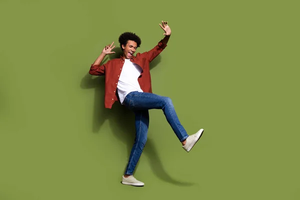 Full Body Photo Attractive Young Man Happy Energetic Dancing Wear — Stock Photo, Image