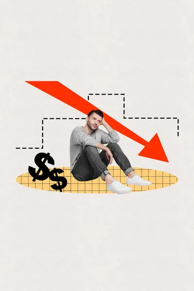 Vertical minimal photo collage of young unhappy man sitting on floor money currency fall dollar investment isolated on beige background.