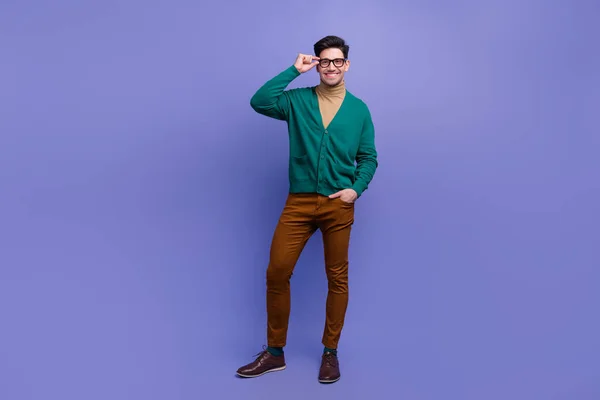 Full Length Photo Cheerful Nice Positive Man Wear Trendy Green — Stock Photo, Image