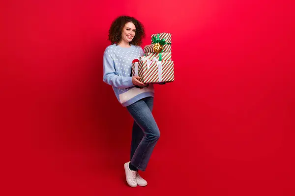 Full Length Photo Positive Pretty Girl Dressed Ugly Christmas Sweater — Stock Photo, Image