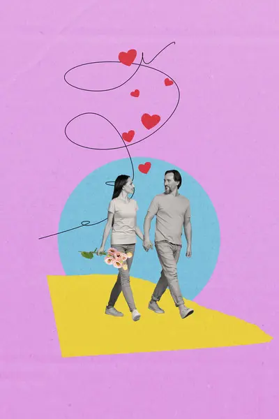 Collage Fotos Verticales Pareja Casada Mediana Edad Feliz Caminar Mano — Foto de Stock