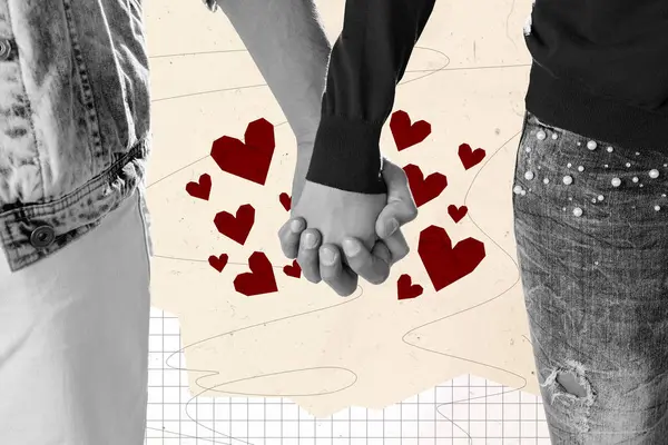Κοντινό Κολάζ Ρομαντικό Ζευγάρι Χέρια Κρατώντας Ένας Τον Άλλο Μαζί — Φωτογραφία Αρχείου