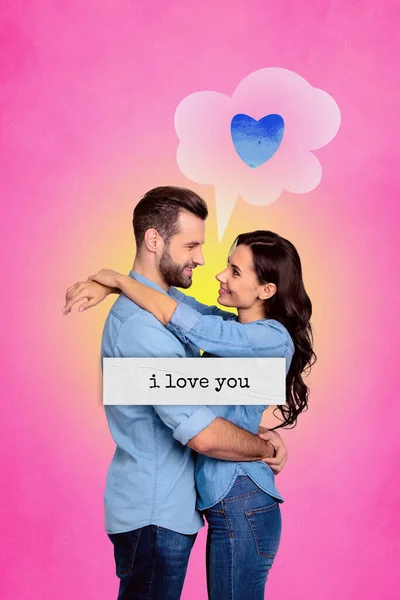Creative Poster Collage Cute Couple Hugging Enjoy Each Other Valentine — Stock Photo, Image