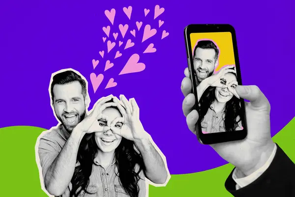 黑白相间的艺术品拼贴手拿着智能手机 把两只时髦的恋人的双眼隔离在紫色的背景下 — 图库照片